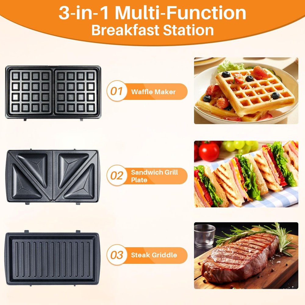 3-in-1 Waffle Maker with Removable Plates, Breakfast Sandwich Press Precise 2...