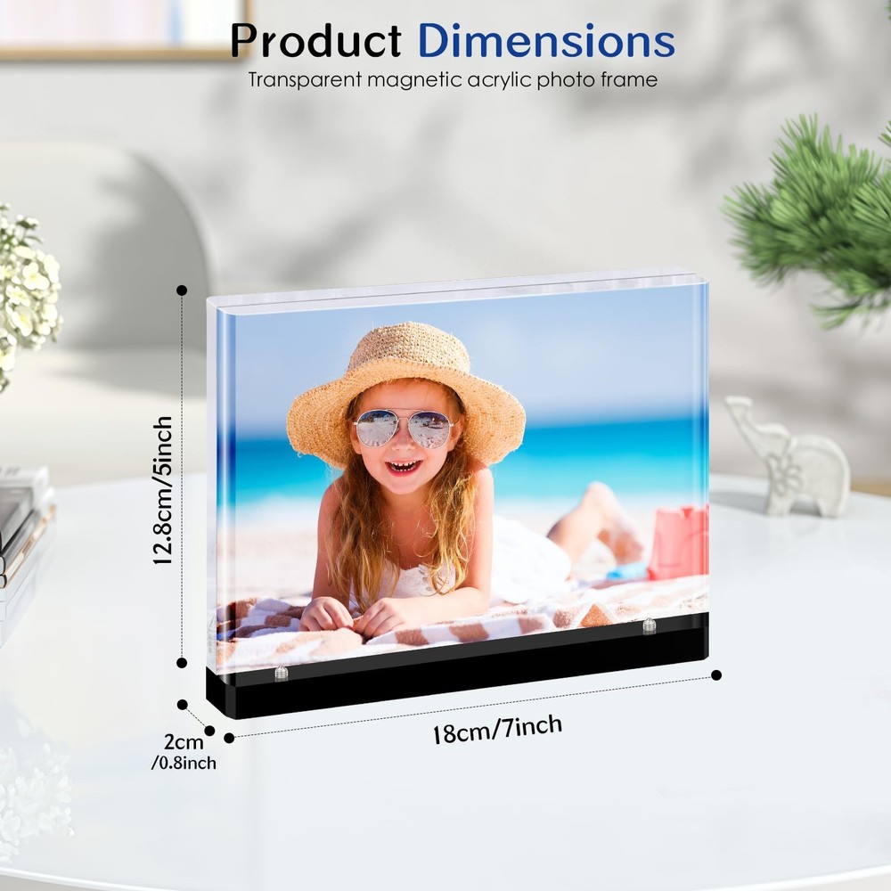 Magnetic Acrylic Picture Frames – Thick Double-Sided Clear Display, Black Bas...