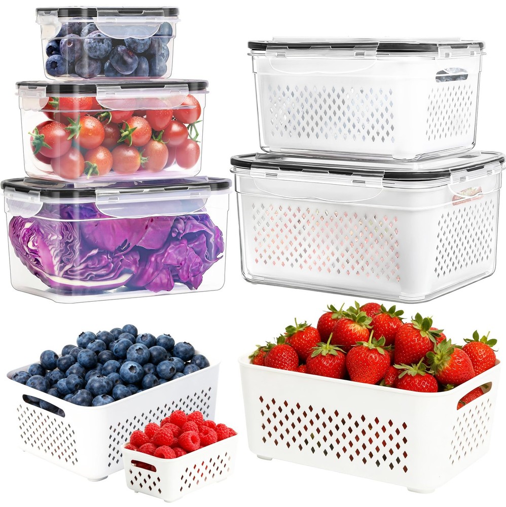 5-Pack Large Fruit Storage Containers for Fridge with Removable Colander, 2 i...