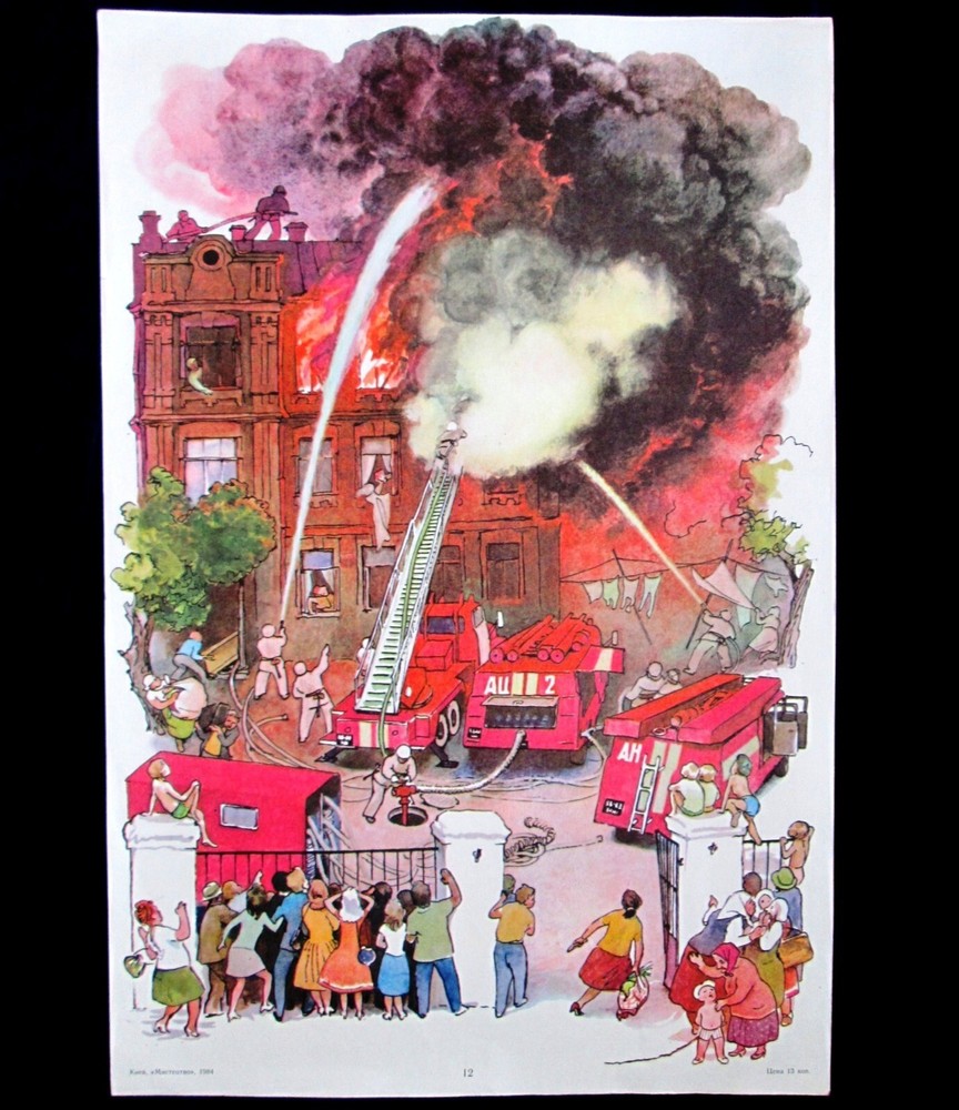 Original Poster Firefighters Burning house Safety Soviet Fire Engine