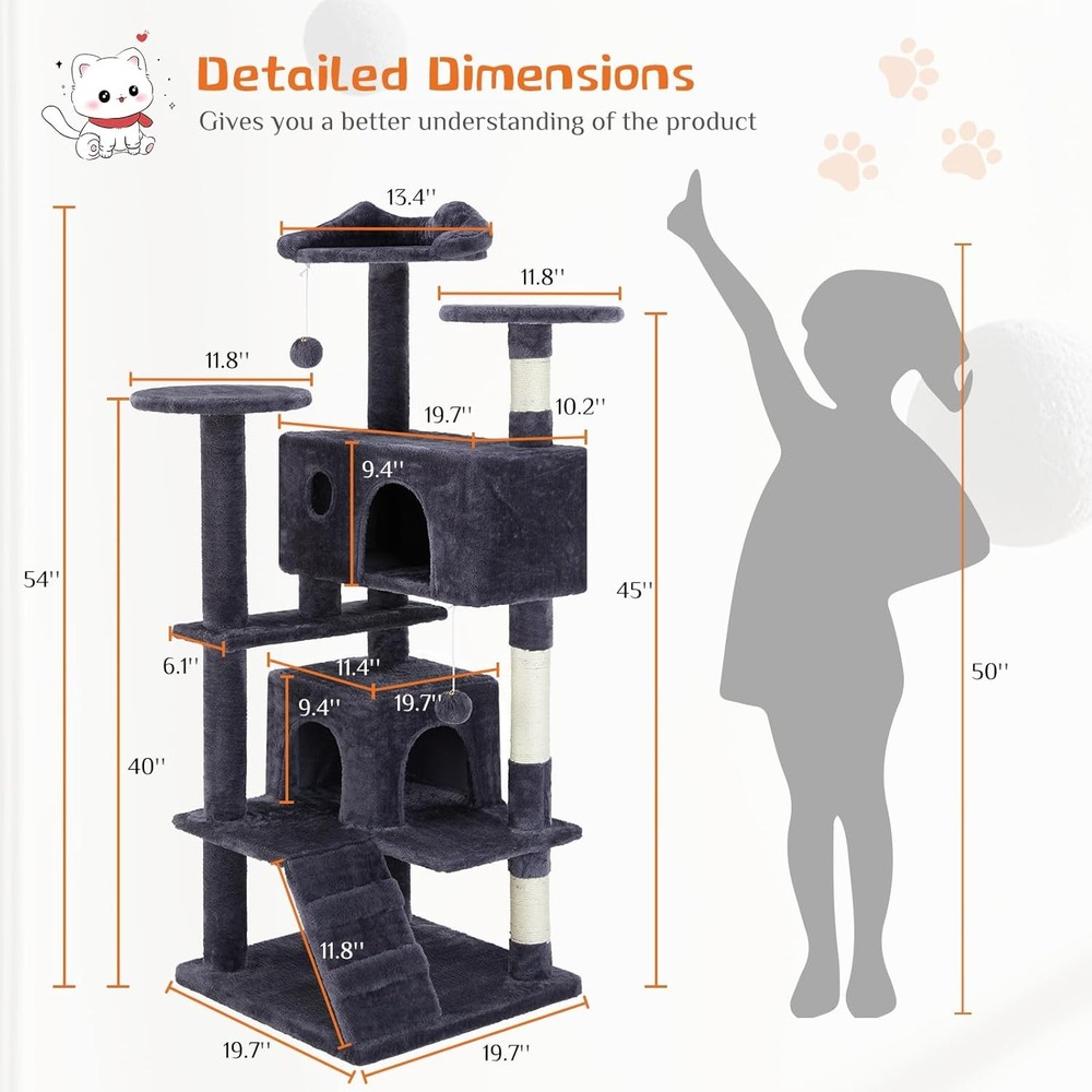 Sweetcrispy 54 Inch Cat Tree Tower, Multi-Level Tower with Cat Scratching Post,