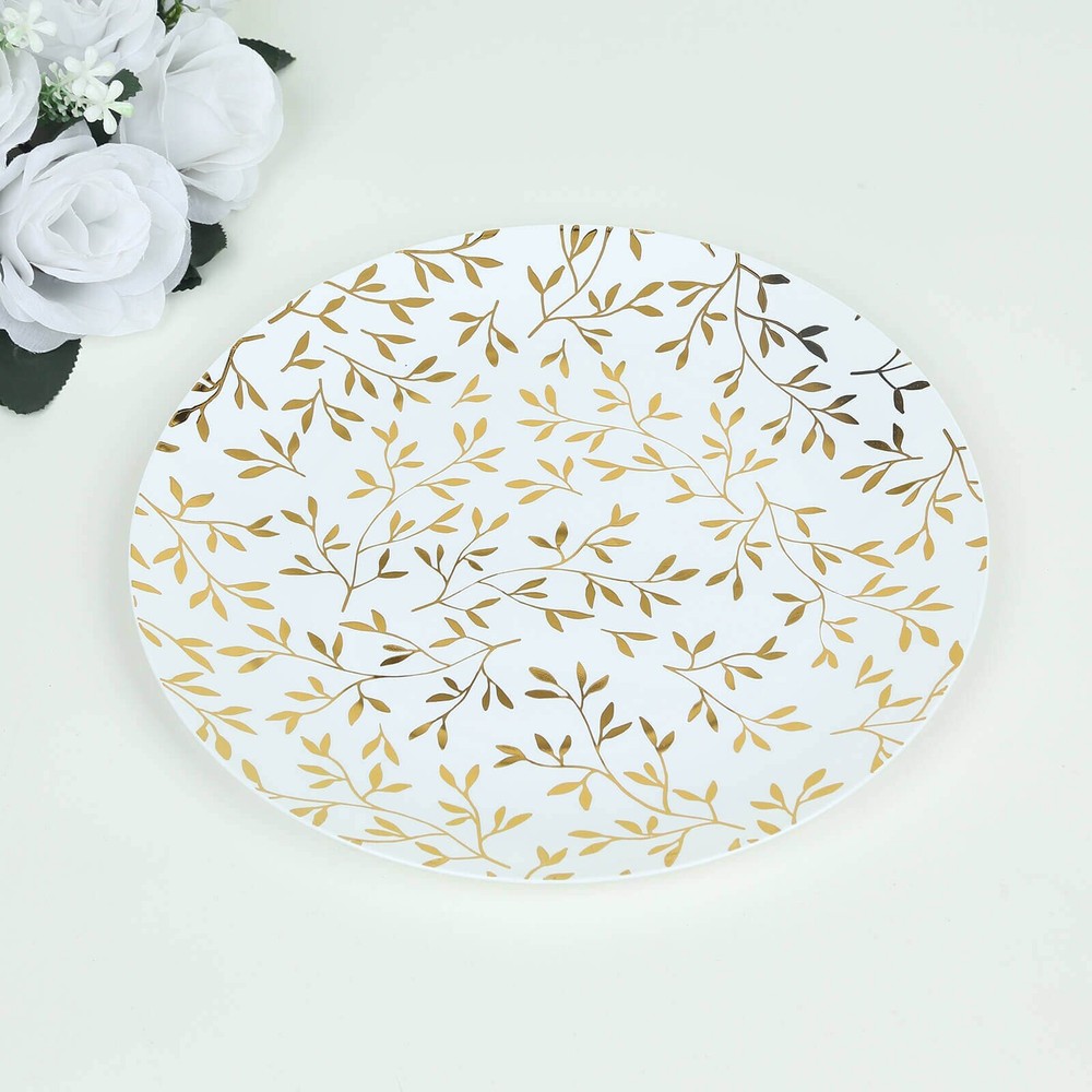 10 White 10" Round Plastic Salad Dessert Plates Gold Leaf Design Tableware