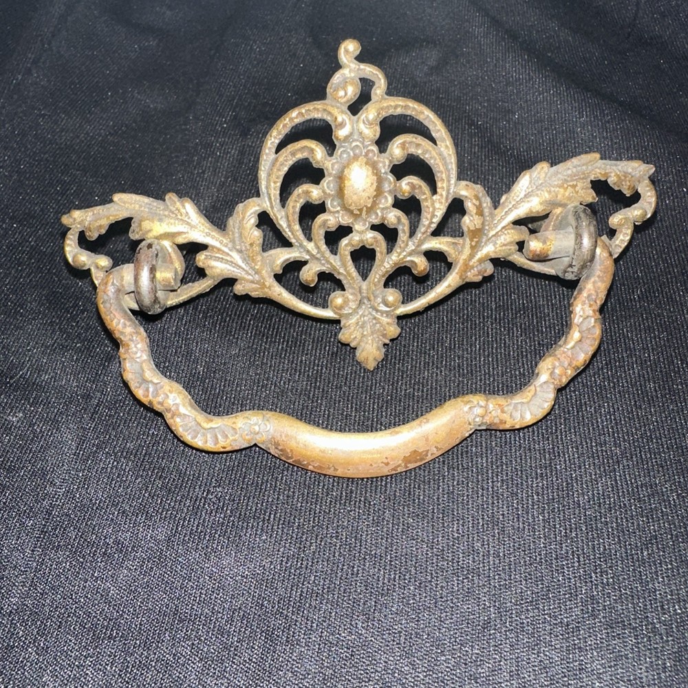 Antique Brass Drawer Pull Handle Beautiful Design & Details! For Bureau, Etc.