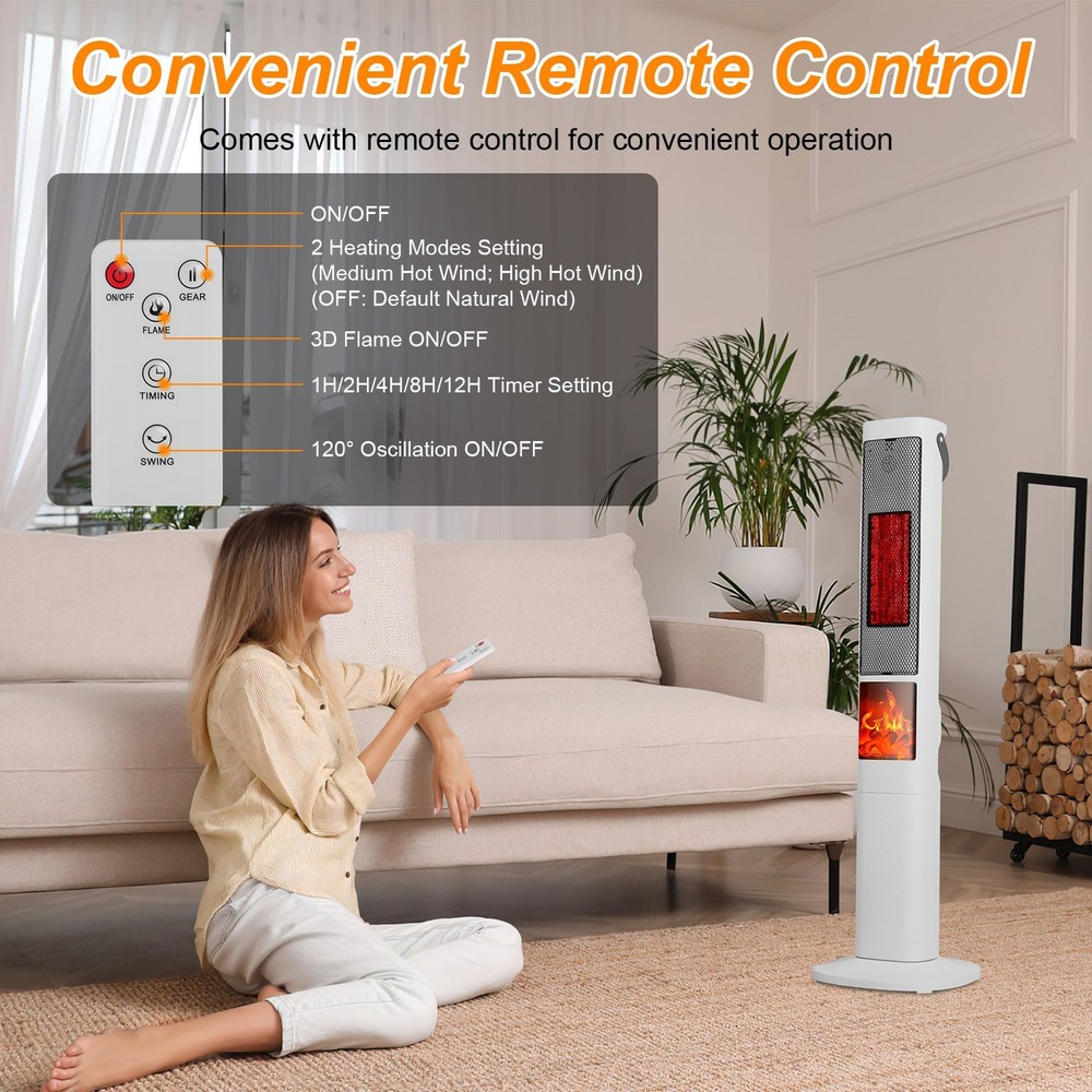 1500W Ceramic Tower Space Heater W/ 3D Flame Remote Control 5 Timer Options