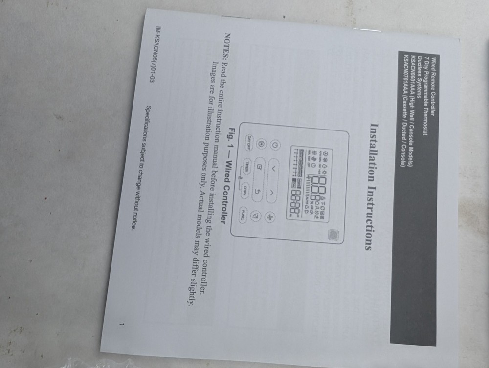 Carrier KSACN0701AAA Wired Remote Controller