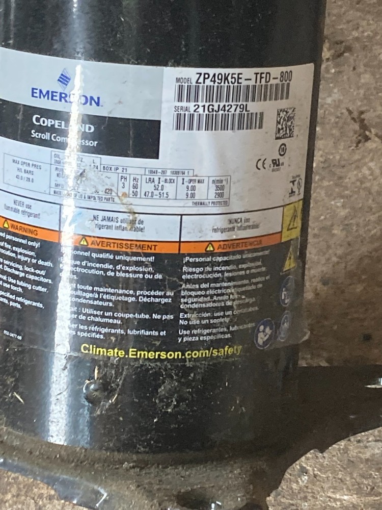 Copeland (MODEL: ZP49K5E‑TFD‑800) High‑Efficiency Scroll Compressor
