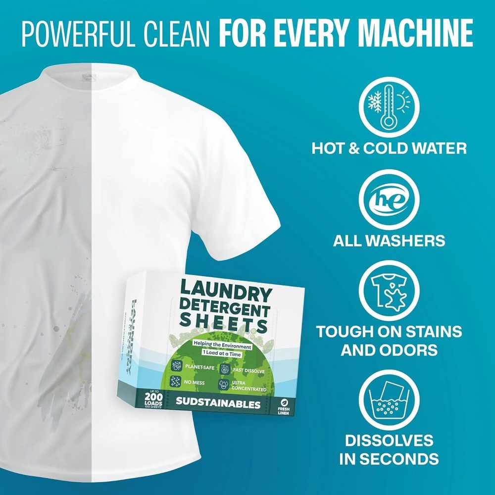 Eco Friendly Laundry Detergent Sheets (100 sheets 200 loads) - Sudstainables