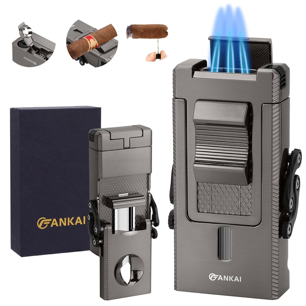 Cigar Lighter, Multi-Tool Torch Lighter with Sliding Cigar V Cutter, Cigar Ho...