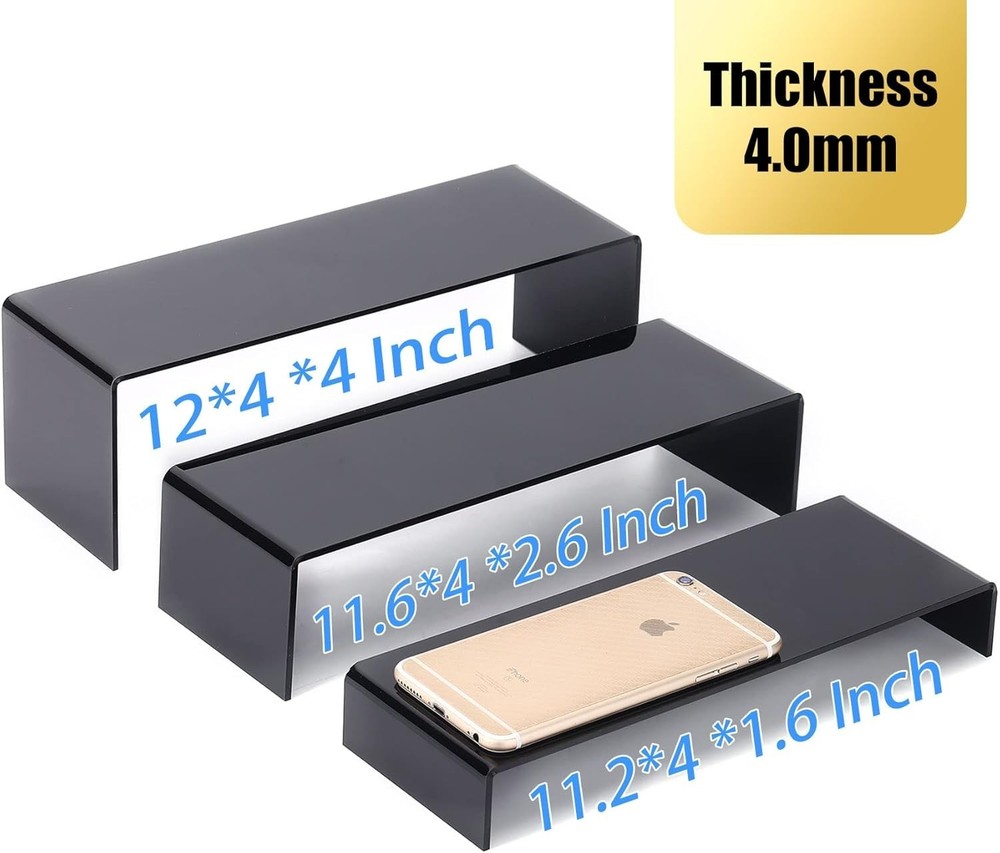 6Pcs Large Acrylic Display Risers for Collectibles, Black Rectangular Shelves