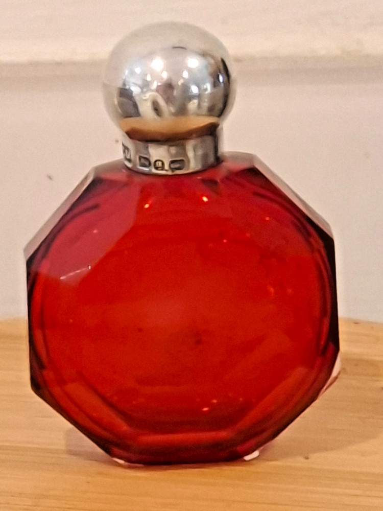 Perfume Bottle Octagonal Hallmarked 1890 Birmingham Charles May & Son Ruby Glass