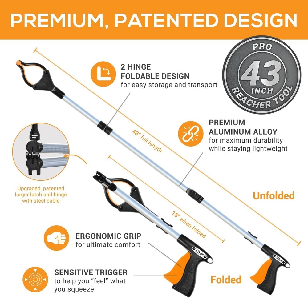 Compact 43" Foldable Reachers - Lightweight Grabber Tools for Seniors (2-Pack)