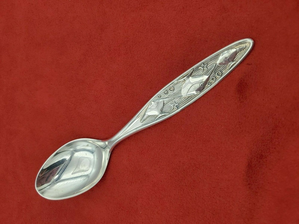 800 Silver Teaspoon with Stylized Fish Design Mid Century Modernism #10923