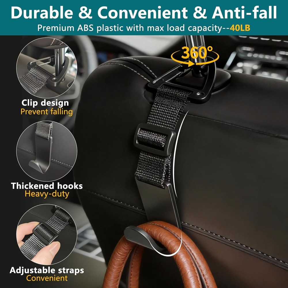 Amooca Universal Headrest Hooks 4 Pack Bag Holder