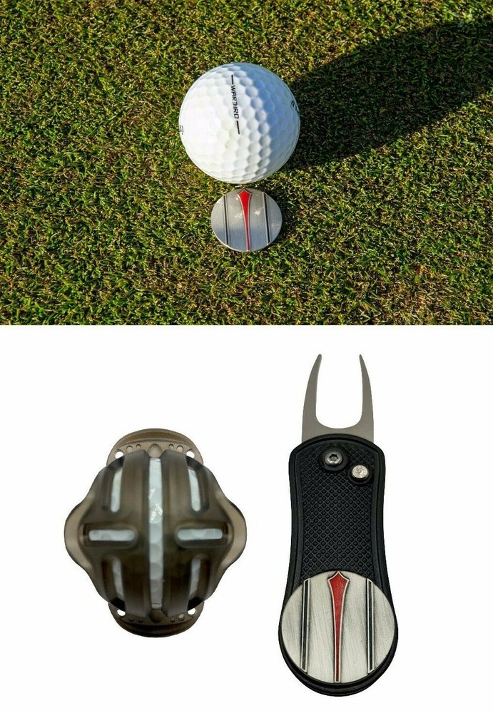 Golf Divot Tool and Ball Marker with Putt Alignment Tool + Ball Stencil