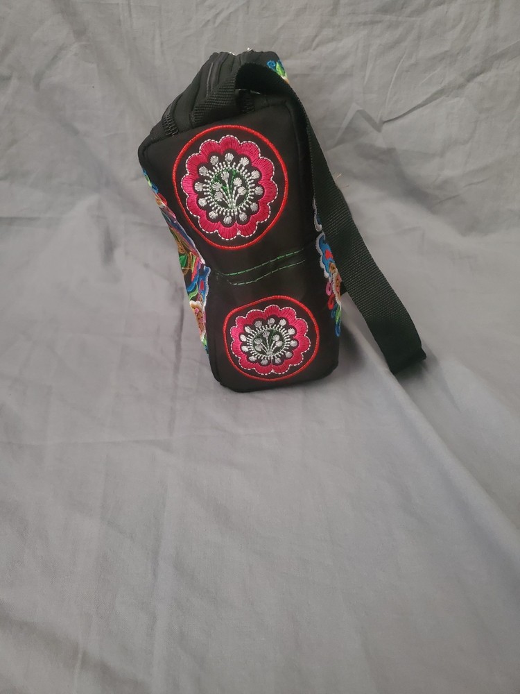 Embroidered Floral Black Shoulder Bag Adjustable Strap Multiple Compartments