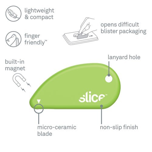 slice Safety Cutters, Fixed, 0.1" Ceramic Blade, 2.4" Plastic Handle, Green