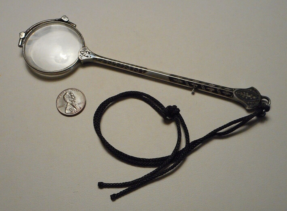 Antique Austrian .935 Silver Niello Decorated Long Handled Lorgnette