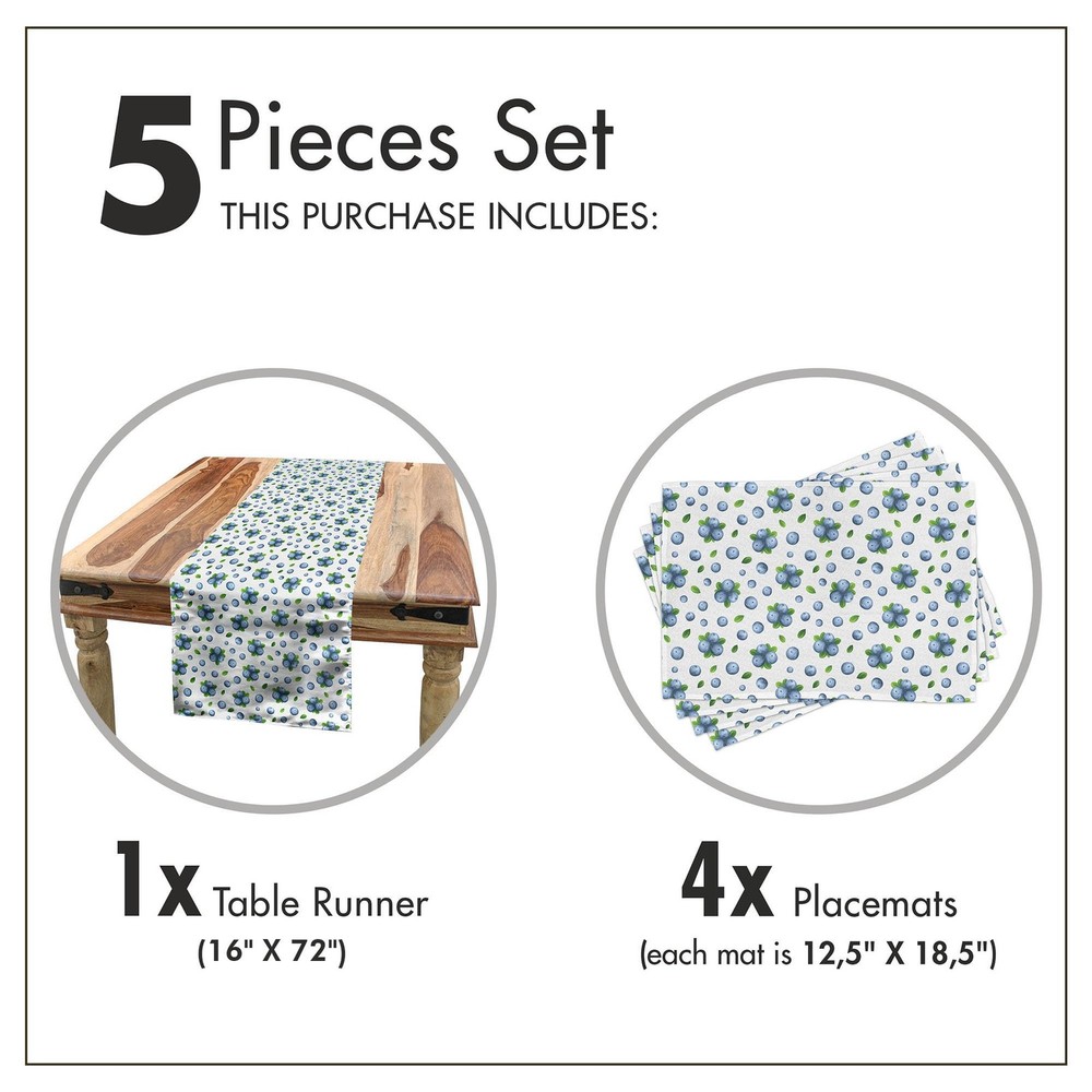 5 PCS Blueberry Fruit Table Runner, Placemat Set, Runner 16x72, 4 Placemats