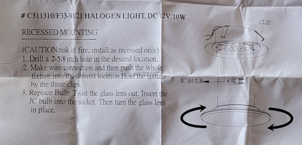 RV 3" Halogen Puck Light Glass Lens 12V Recessed Mount C311310 / F33-9121 NOS