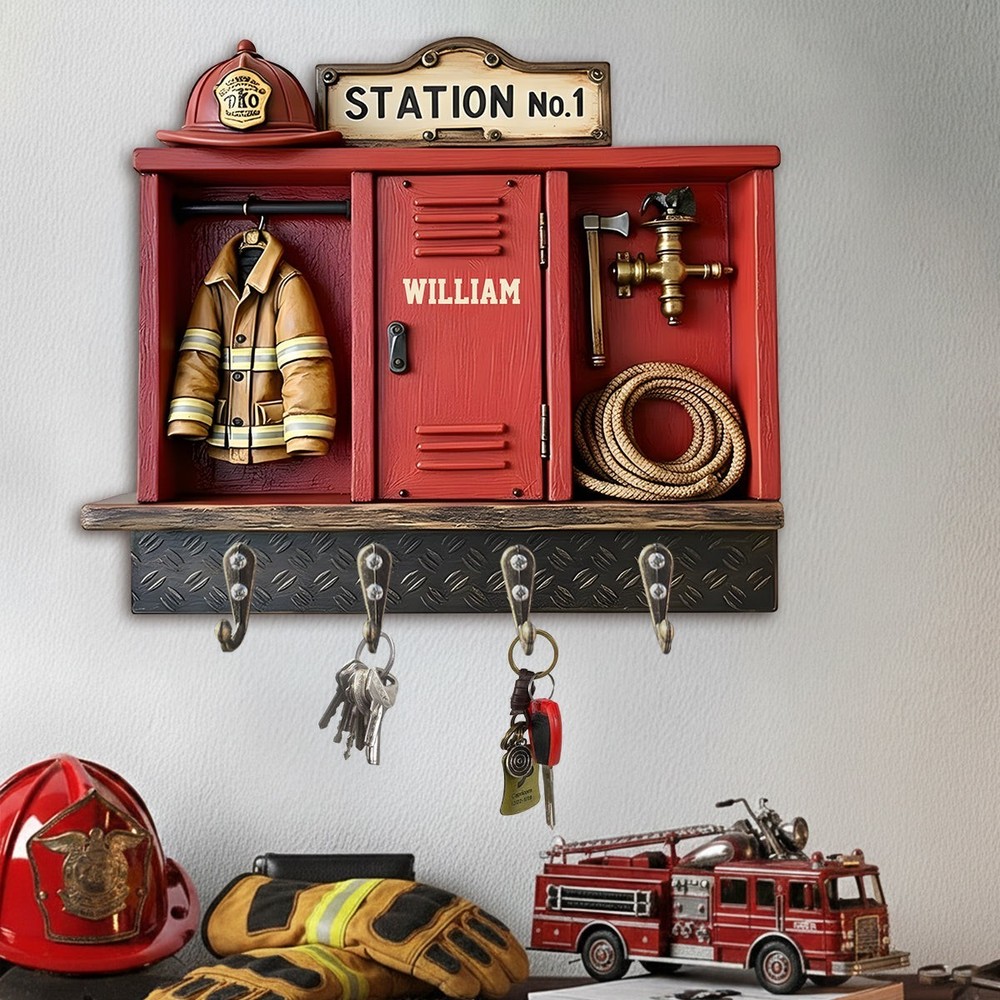 Personalized Firefighter Key Holder, Fire Station Wall Hooks Custom Name Decor