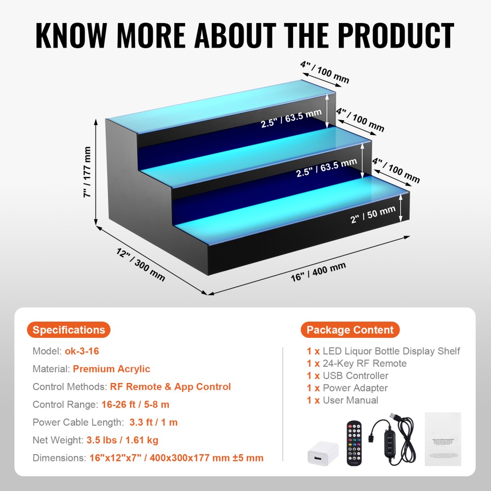 LED Lighted Bar Shelf Display, App & RF Remote Control, 16 inches