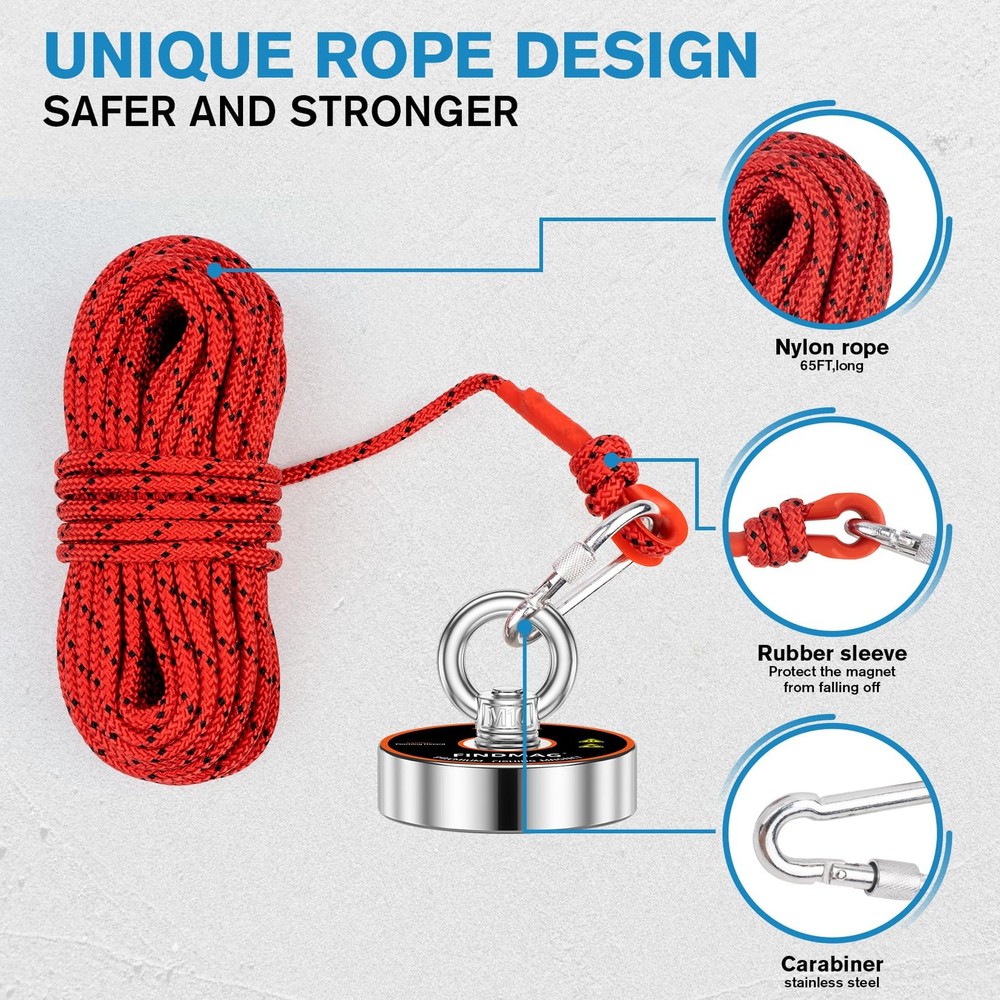 Magnet Fishing Kit, 700 lbs Pulling Force, 2.95" Diameter | Complete Set with
