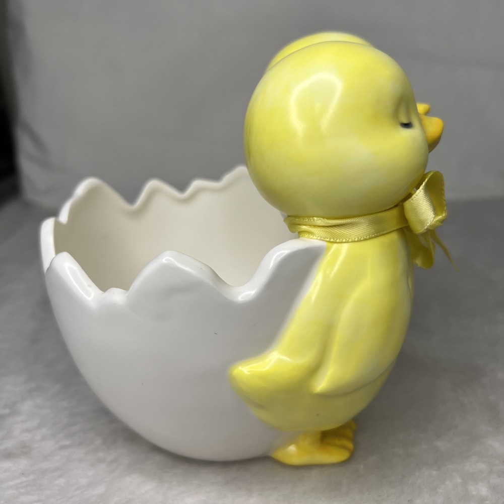 Dept 56 Easter Chick Yellow White Medium Bowl Candy Dish Ceramic Bows Ribbon