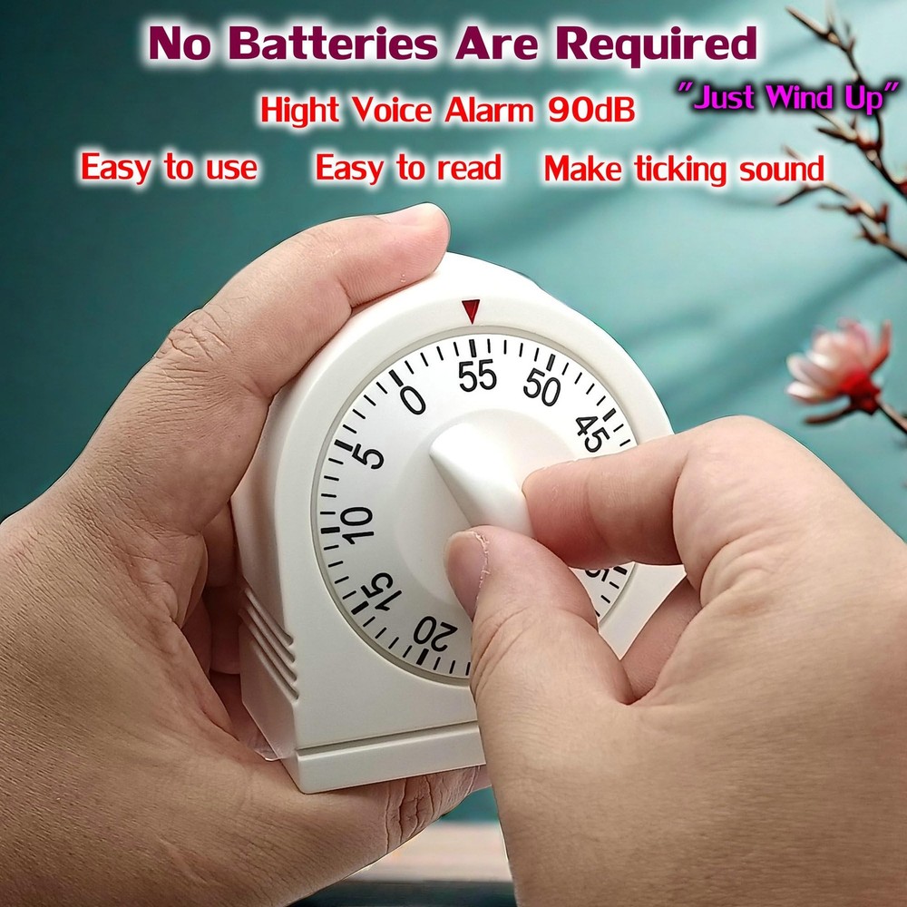 60 Minute Wind Up Mechanical Timer Visual Countdown with Loud Alarm White