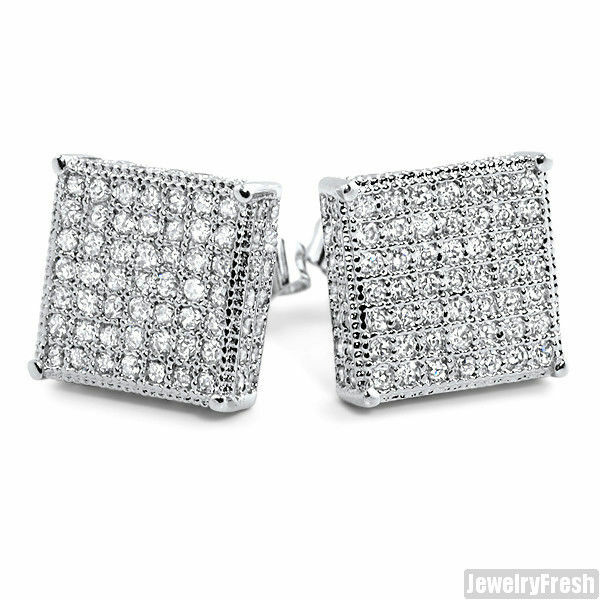 Silver Large 360 Iced Micropave Box Stud Earrings for Men