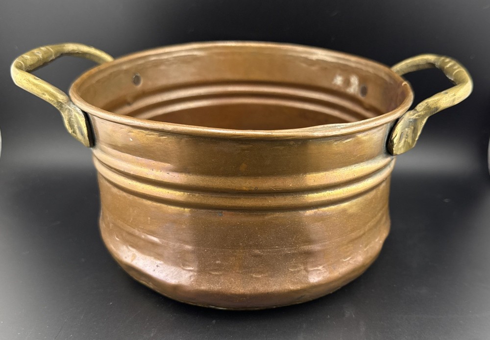 Vintage Solid Copper Cachepot Planter Bowl Brass Handles 7”x4” Rustic Farmhouse