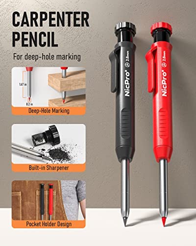 Carpenter Pencil with Sharpener, Mechanical Pencils Set with 2 Pack Black,Red