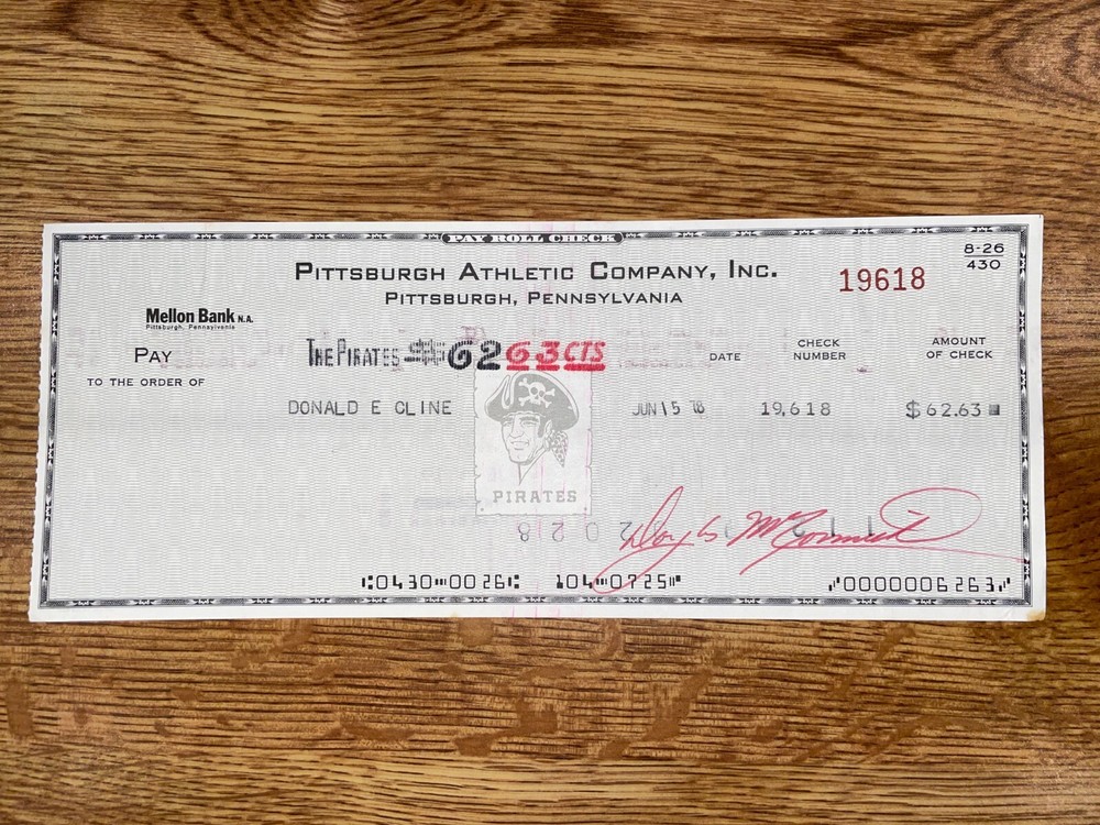 1978 Pittsburgh Pirates SIGNED Check: Donald Cline