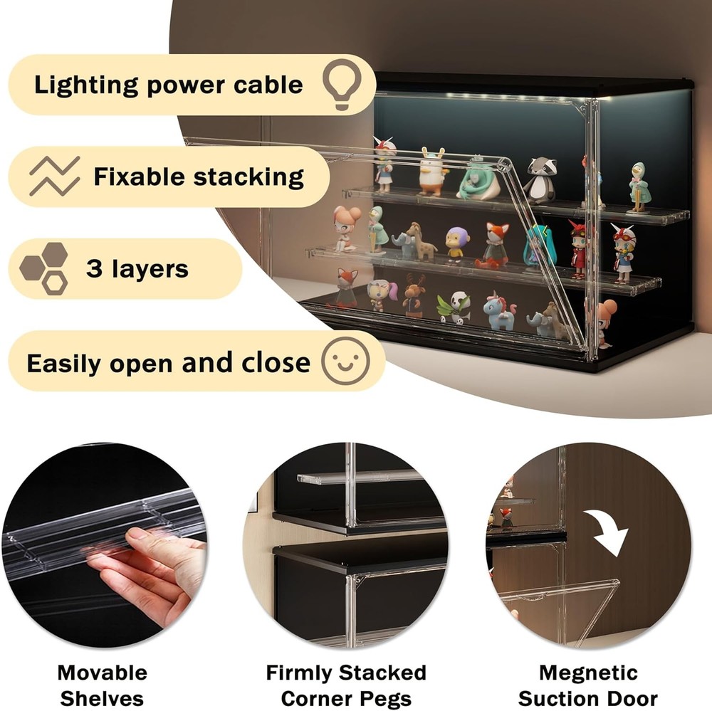 Clear Display Case for Collectibles - 3-Tier Stackable LED Acrylic Showcase