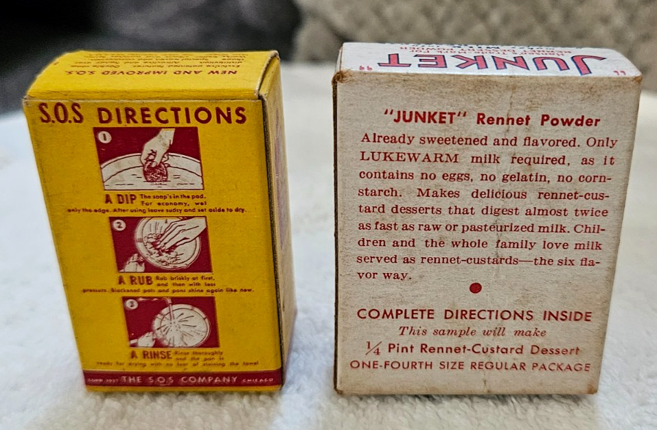 VTG RARE EMPTY BOX JUNKET RENNET DESSERT POWDER & SOS MAGIC PADS TRIAL SIZE