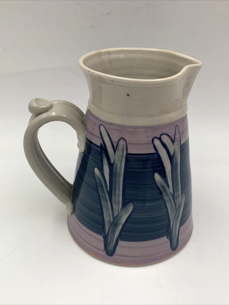 Hand Made Hand painted Pottery Pitcher Signed WP Blue Lavender White Leaves