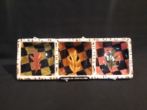 Handpainted Fall Leaves Three Section Ceramic Serving Dish