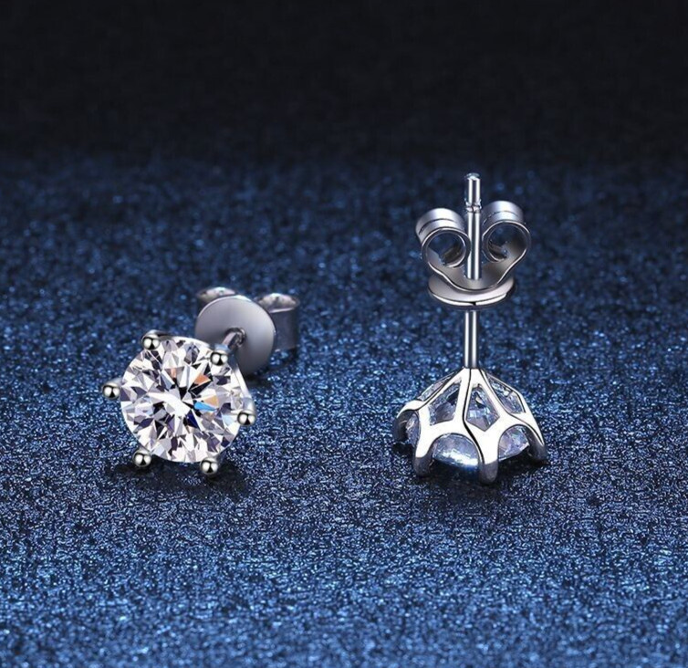 Real Solid 925 Silver 6mm Moissanite 1ct Stud Earrings Push Back Crown Men's