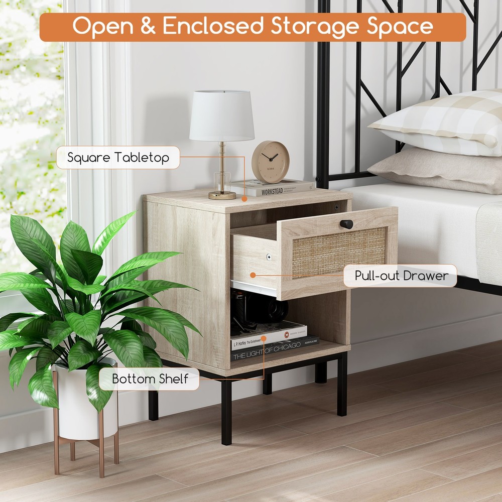 2 PCS Boho Style Nightstand Compact End Table w/Rattan Drawer & Open Shelf