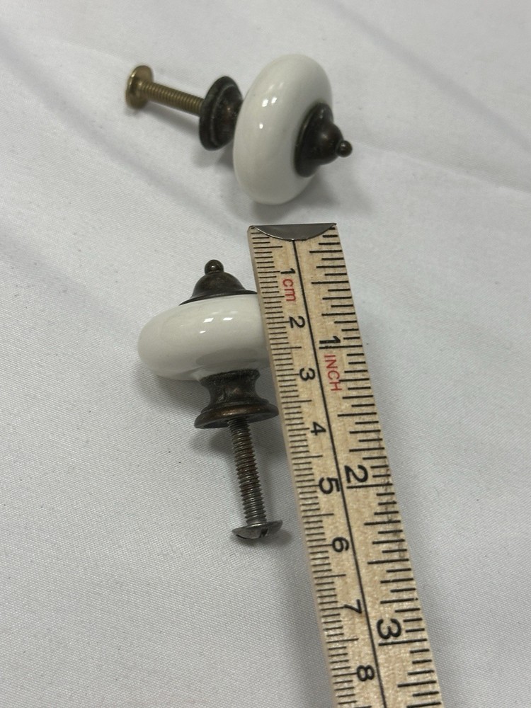Vintage White Ceramic Drawer Pulls (Set of 2) Antique Brass Hardware Knobs