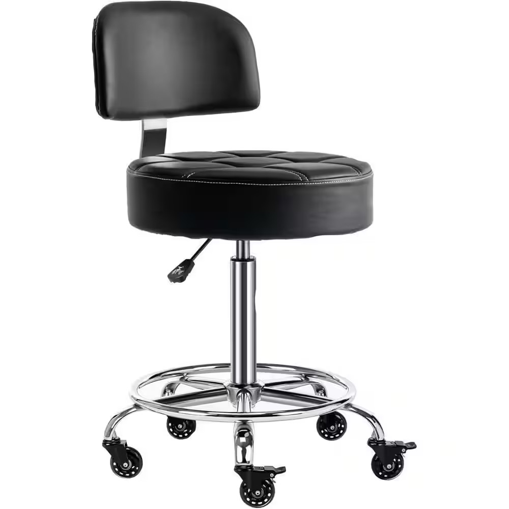 Lockable Adjustable Stool with Back Footrest Ergonomic Hydraulic Rolling, Black