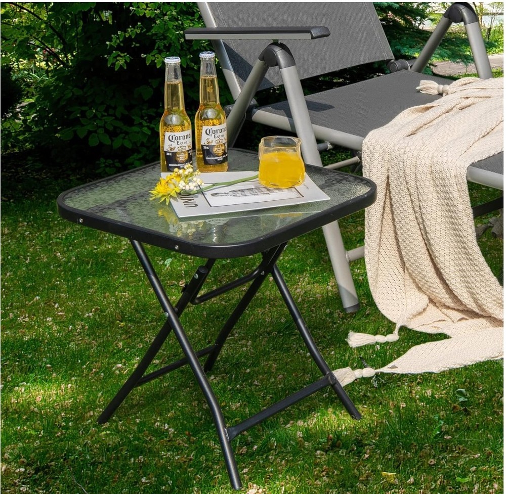 Folding Side Table, Square Small Patio Table,Tempered Glass Tabletop,Steel Frame