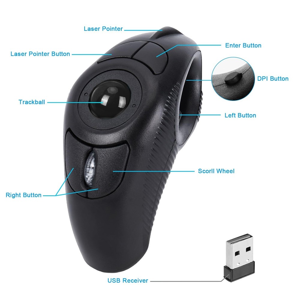 welspo Wireless USB Handheld Finger Trackball(Black) Mouse with Laser Pointer