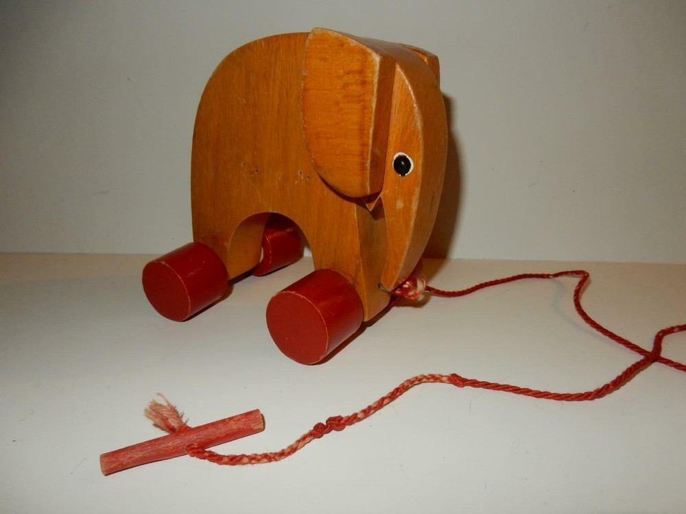 Vintage Mid Century Wood Elephant Pull Toy with original string so cute
