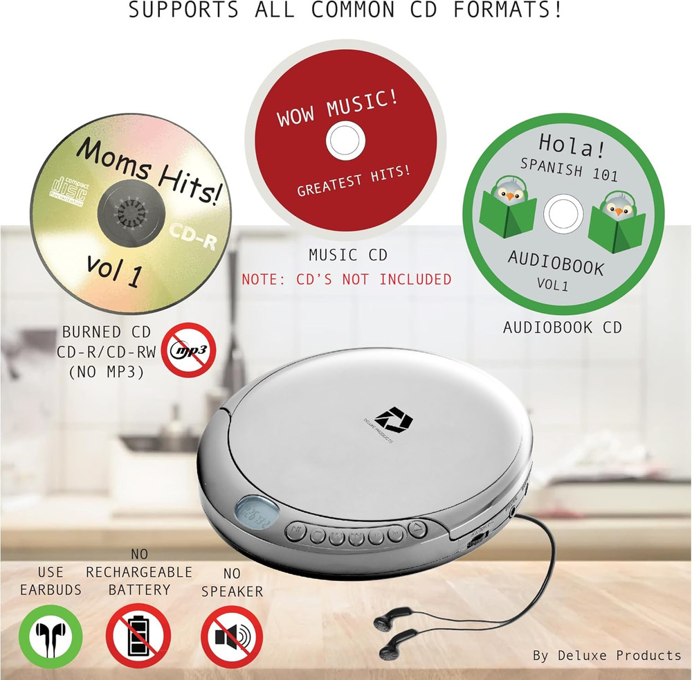 CD Player Portable with 60 Second anti Skip, Stereo Earbuds, Includes Aux in Cab