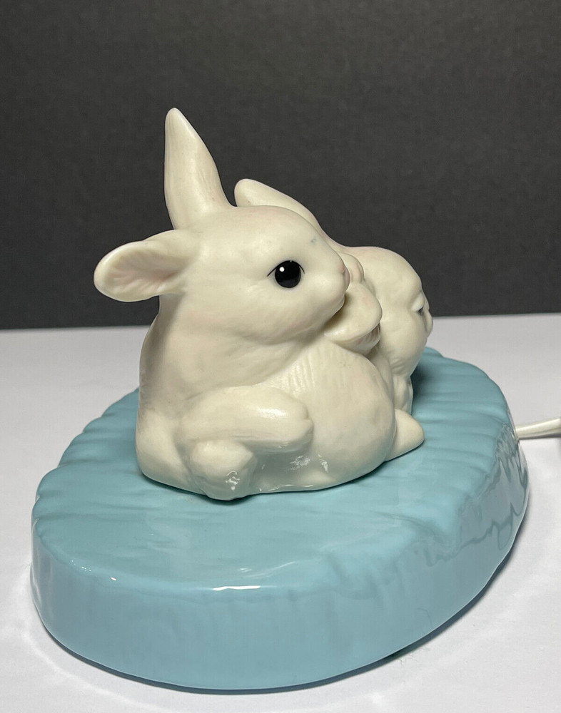 Ceramic Rabbits Night Light Blue White Easter Bunnies Signed Gloria NICE vintage