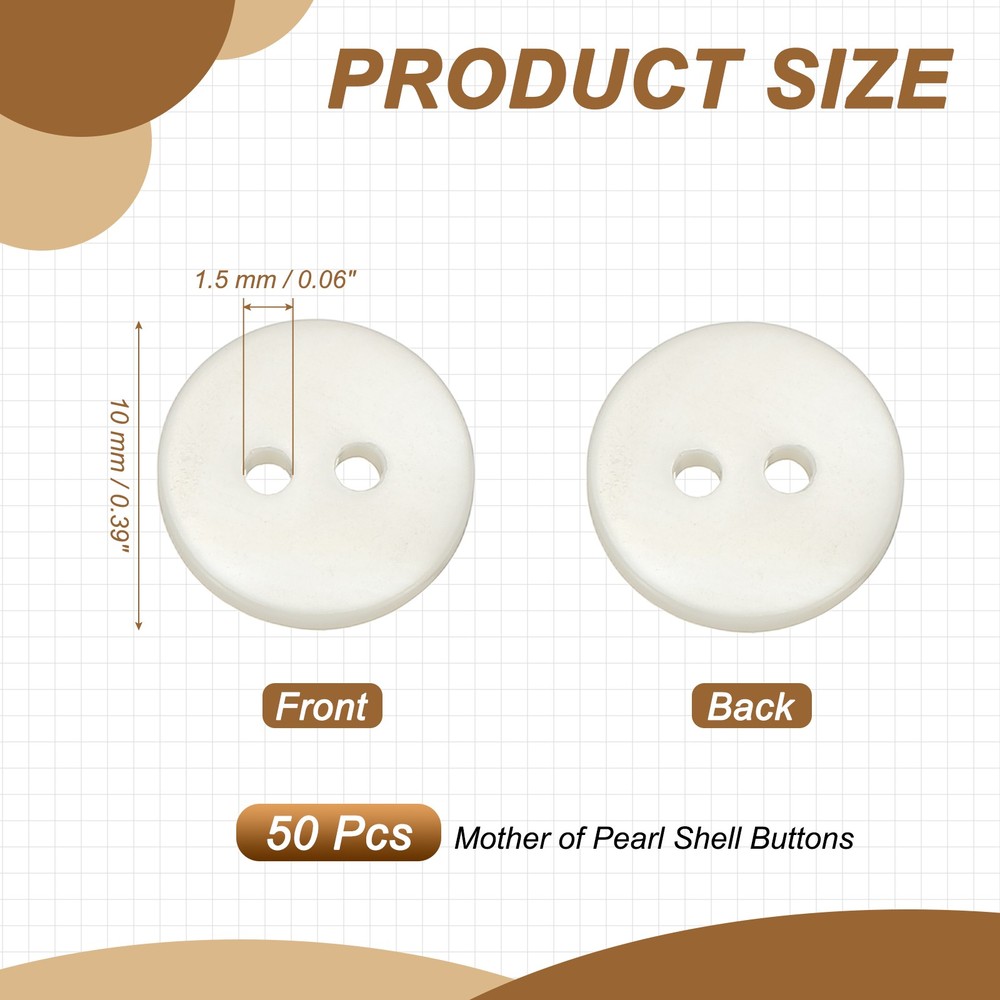 Natural Shell Button 2 Hole Shell Round Sewing Buttons 10 mm & 50 Pack & White