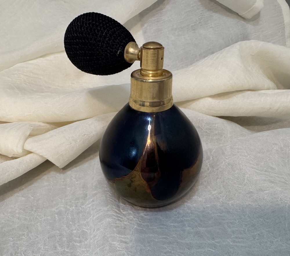 Studio Iridized Blown Glass Perfume Bottle w/Black Puffer Artist Signed & Dated