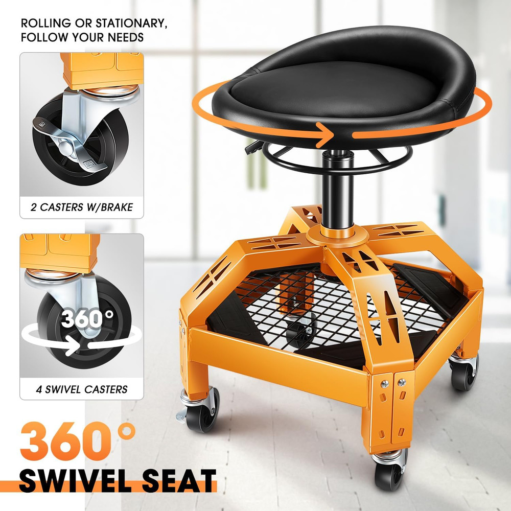 Rolling Padded Seat Adjustable Height Seat 330Lbs Capacity Rolling Mechanic Cree