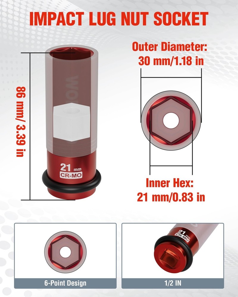 WORKPRO 1/2" Drive Lug Nut Impact Duty Socket 21mm Deep Thin Wall Socket for Car
