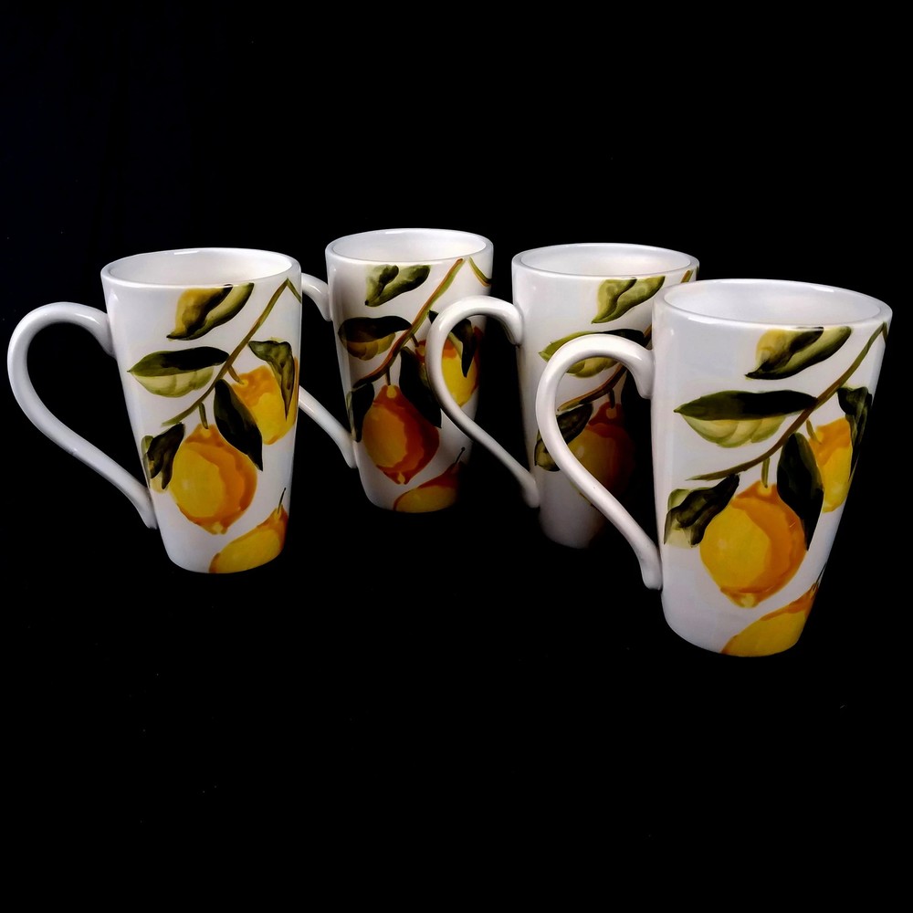 4 Harry & David Hand Painted Tall Mugs - Lemon & Leaves